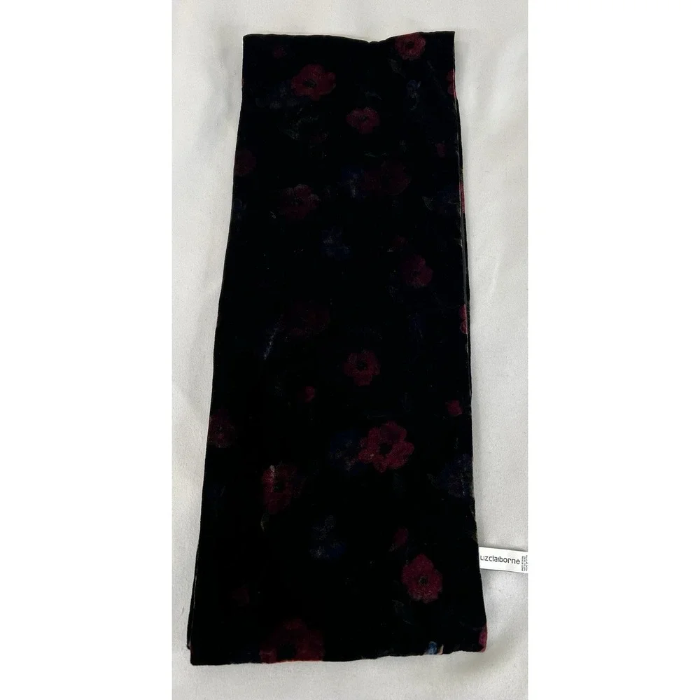 VTG Liz Claiborne Red Black Winter Velvet Silk Floral Scarf Women 58